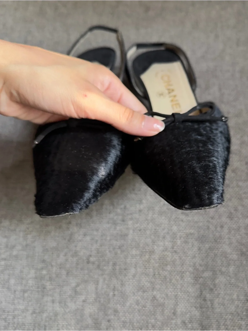 Vintage Chanel black pony hair slingback heels